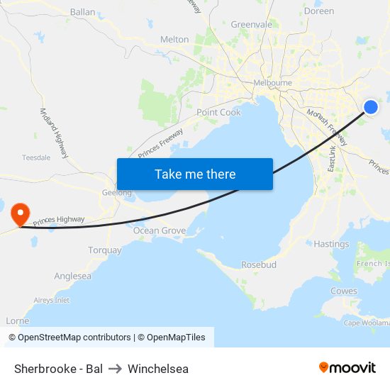 Sherbrooke - Bal to Winchelsea map