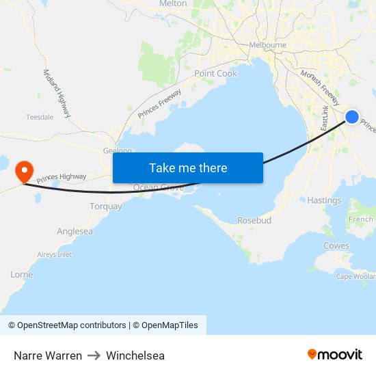 Narre Warren to Winchelsea map