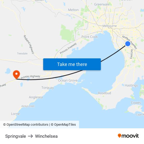 Springvale to Winchelsea map