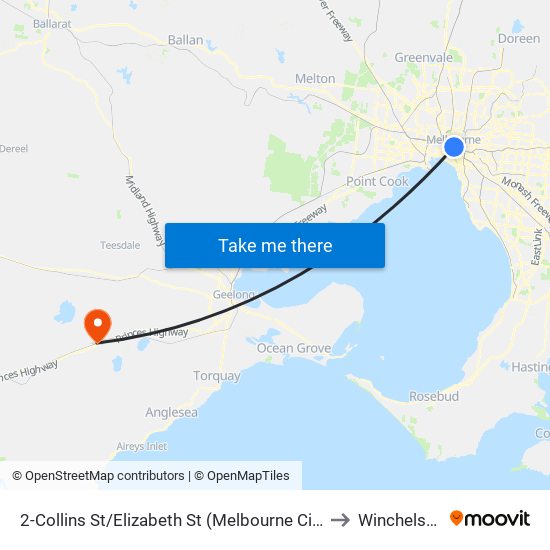 2-Collins St/Elizabeth St (Melbourne City) to Winchelsea map