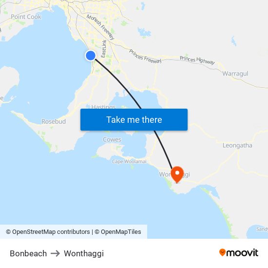 Bonbeach to Wonthaggi map