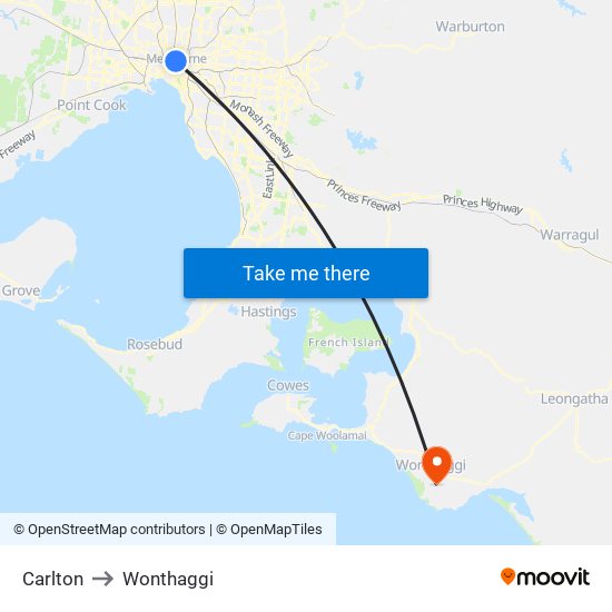 Carlton to Wonthaggi map