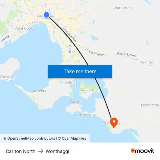Carlton North to Wonthaggi map