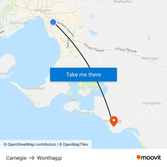 Carnegie to Wonthaggi map