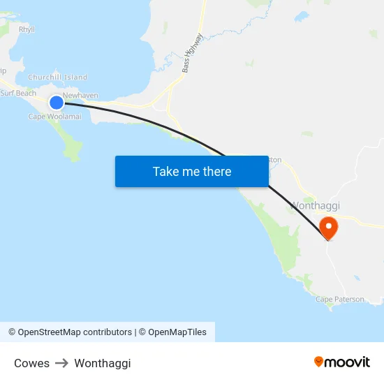 Cowes to Wonthaggi map