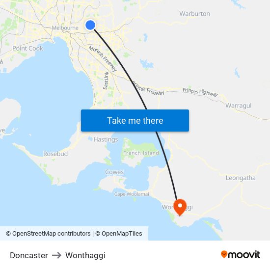 Doncaster to Wonthaggi map