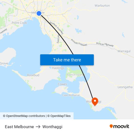 East Melbourne to Wonthaggi map