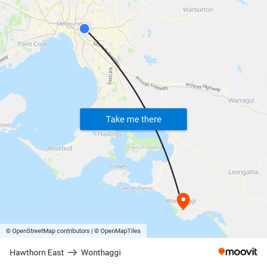 Hawthorn East to Wonthaggi map