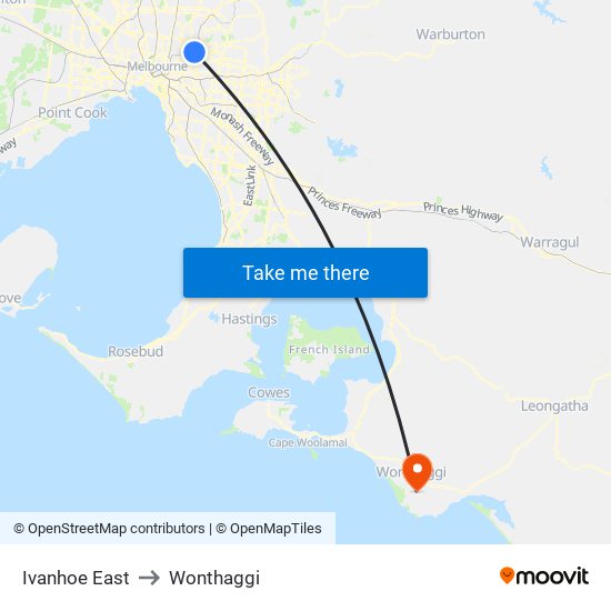 Ivanhoe East to Wonthaggi map