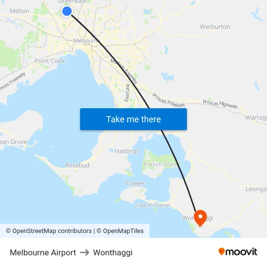 Melbourne Airport to Wonthaggi map