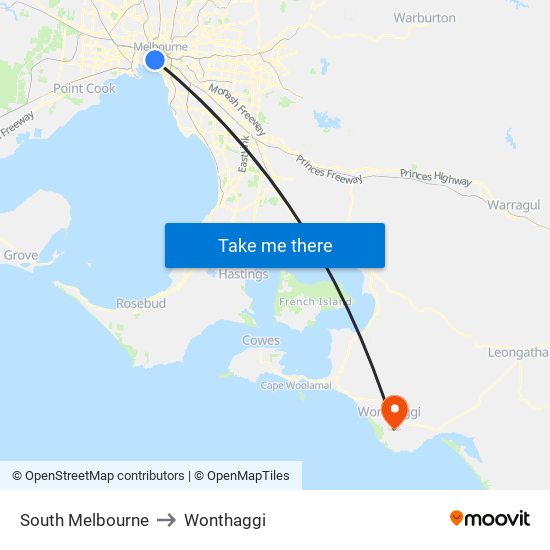 South Melbourne to Wonthaggi map