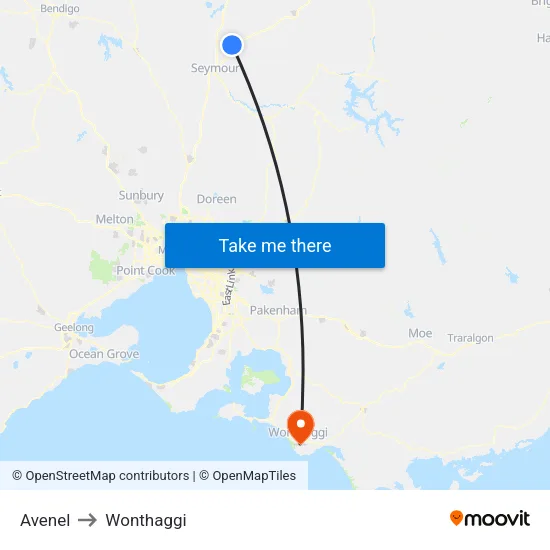 Avenel to Wonthaggi map