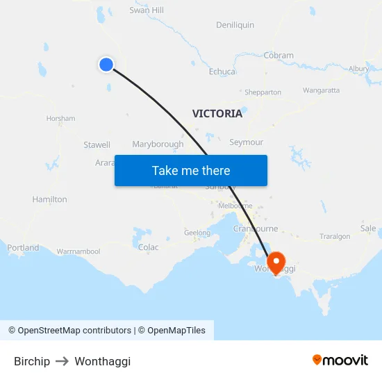 Birchip to Wonthaggi map
