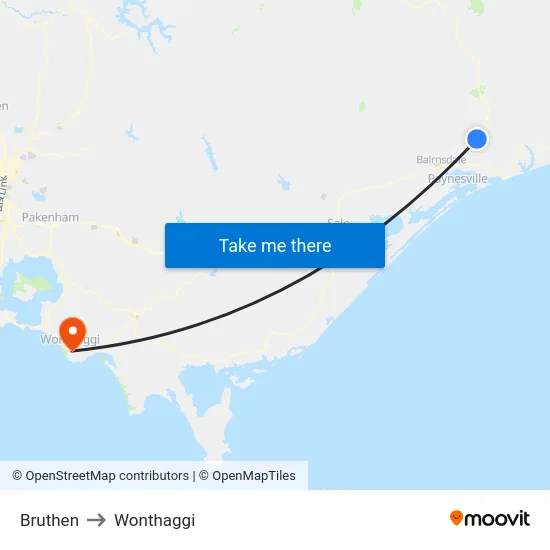 Bruthen to Wonthaggi map