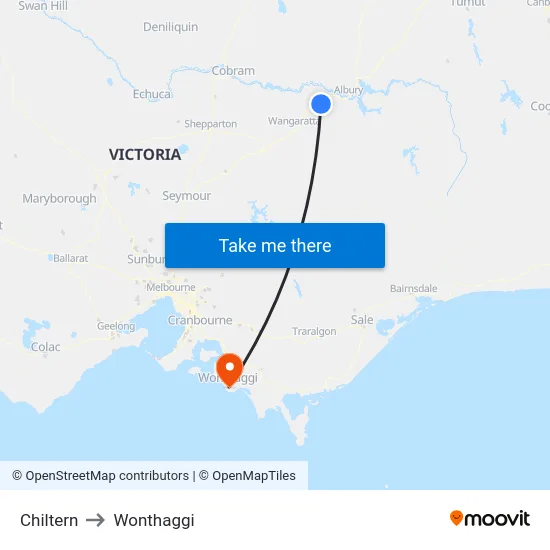 Chiltern to Wonthaggi map