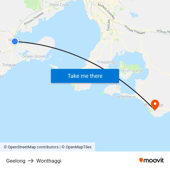 Geelong to Wonthaggi map