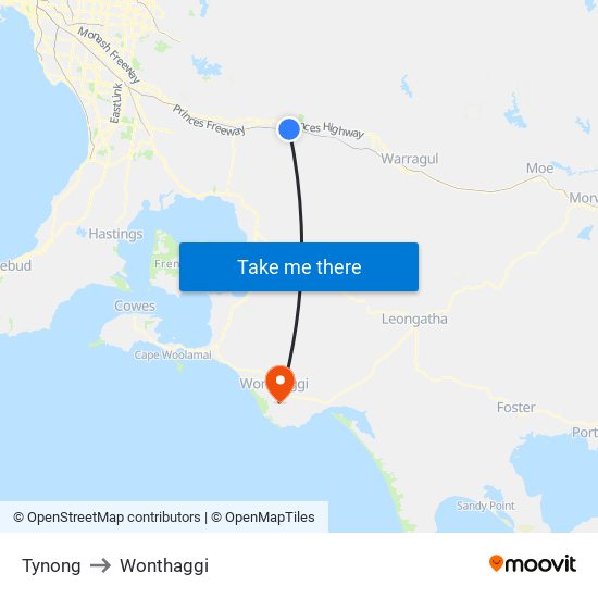 Tynong to Wonthaggi map