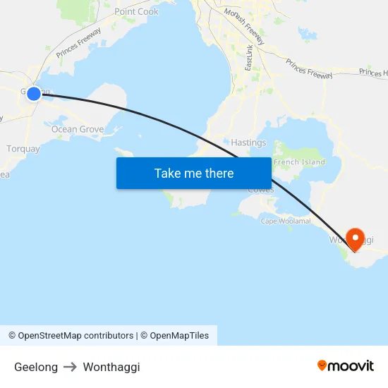 Geelong to Wonthaggi map