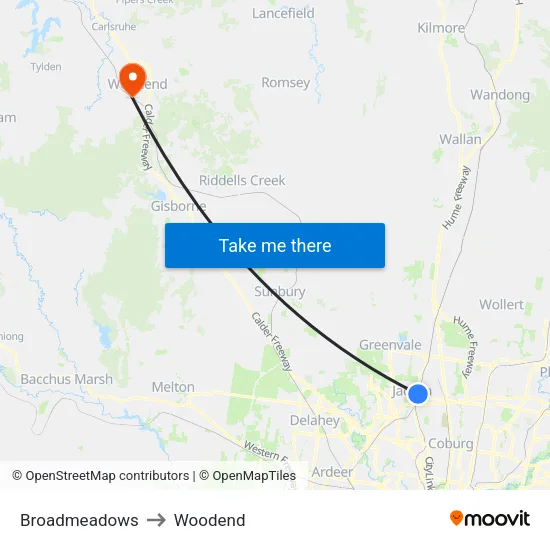 Broadmeadows to Woodend map