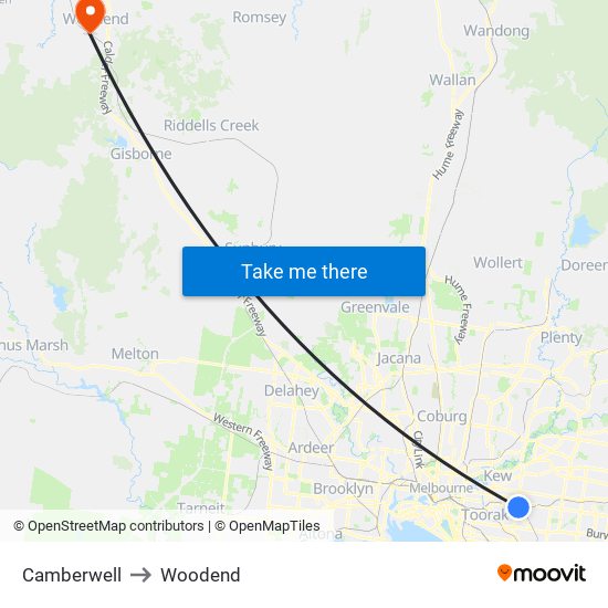 Camberwell to Woodend map