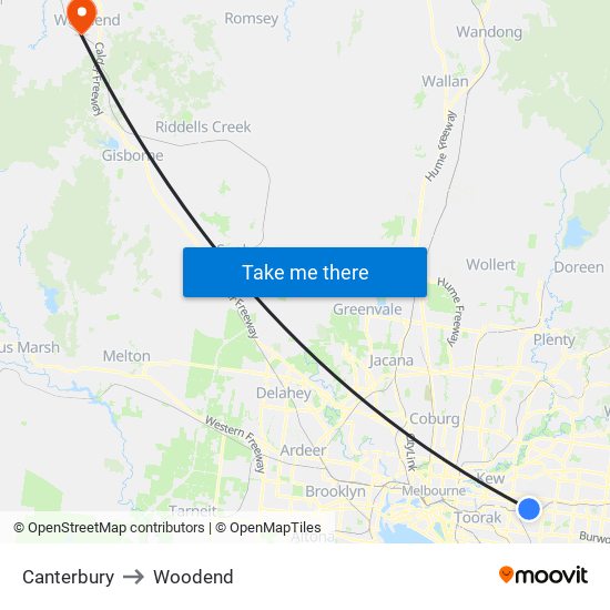 Canterbury to Woodend map