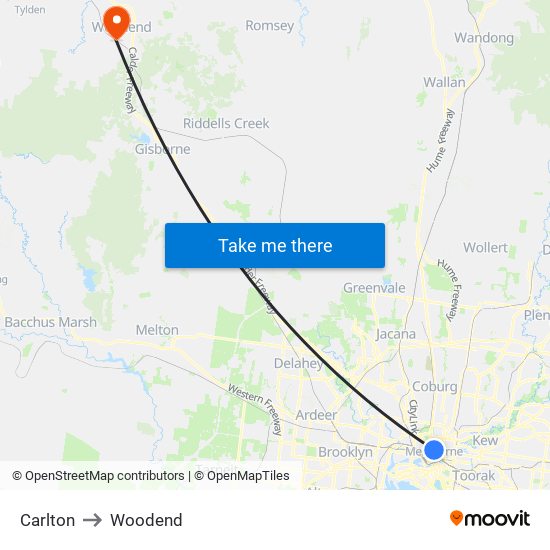 Carlton to Woodend map