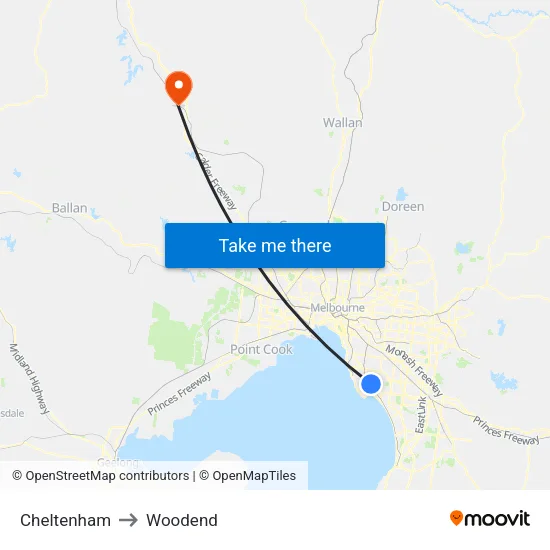 Cheltenham to Woodend map