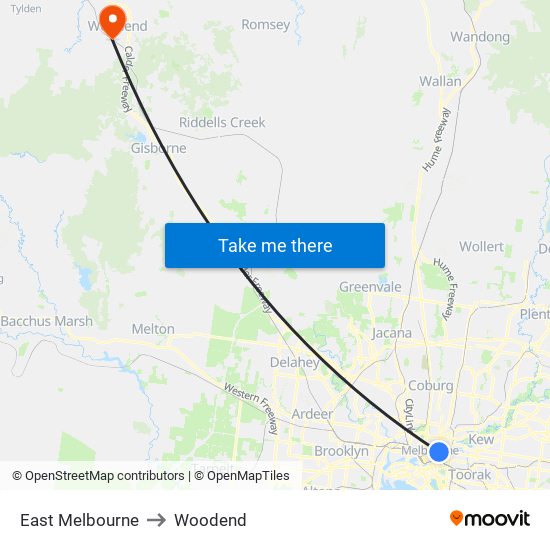 East Melbourne to Woodend map
