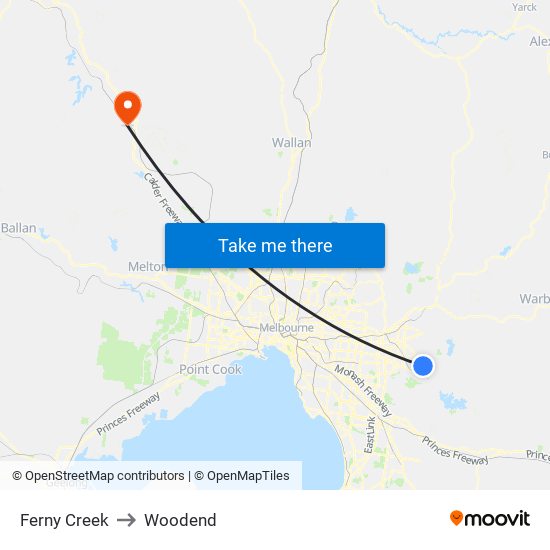 Ferny Creek to Woodend map