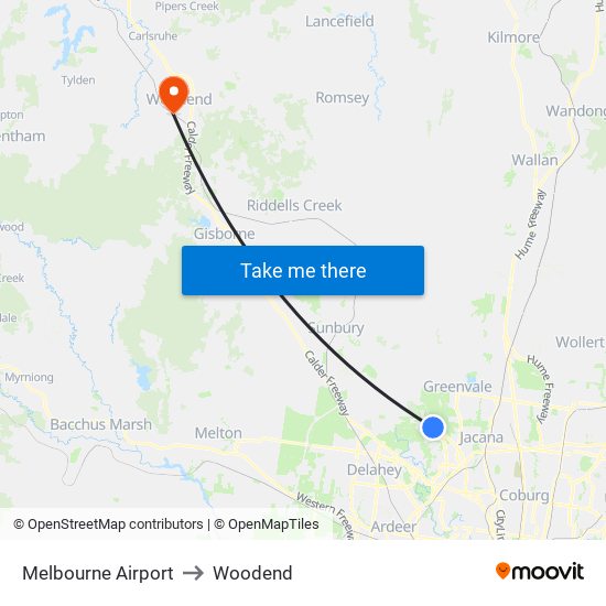 Melbourne Airport to Woodend map