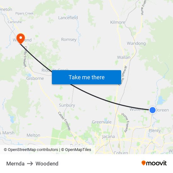 Mernda to Woodend map