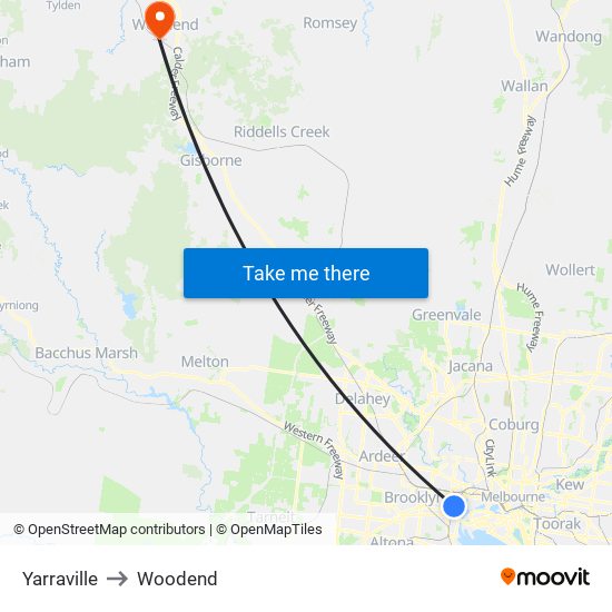 Yarraville to Woodend map