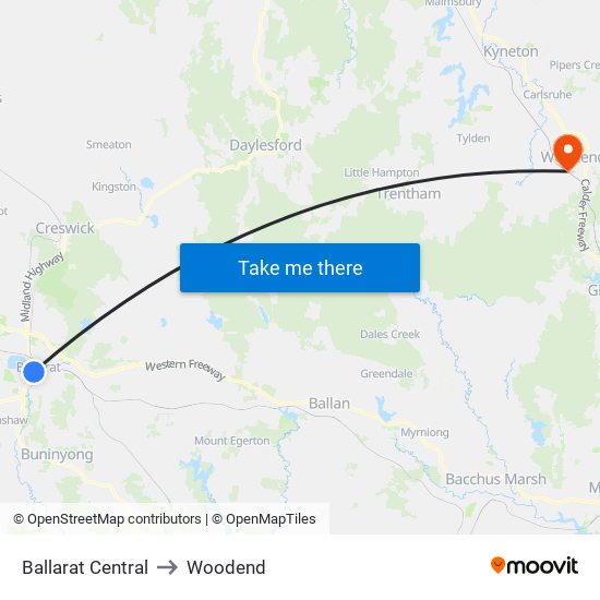 Ballarat Central to Woodend map