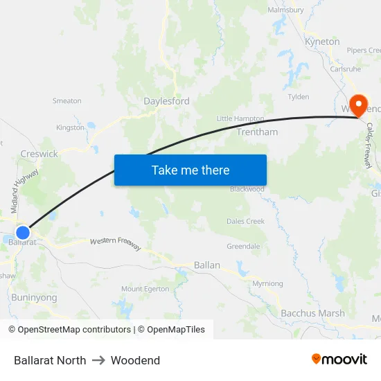 Ballarat North to Woodend map