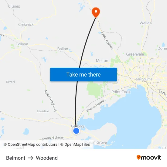 Belmont to Woodend map