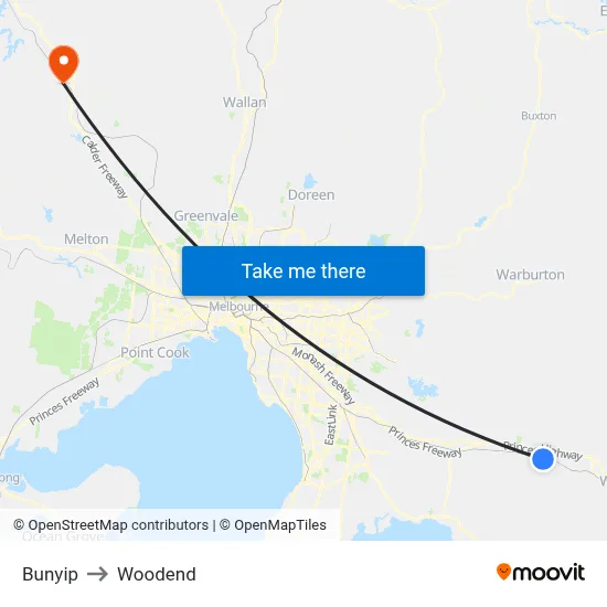 Bunyip to Woodend map