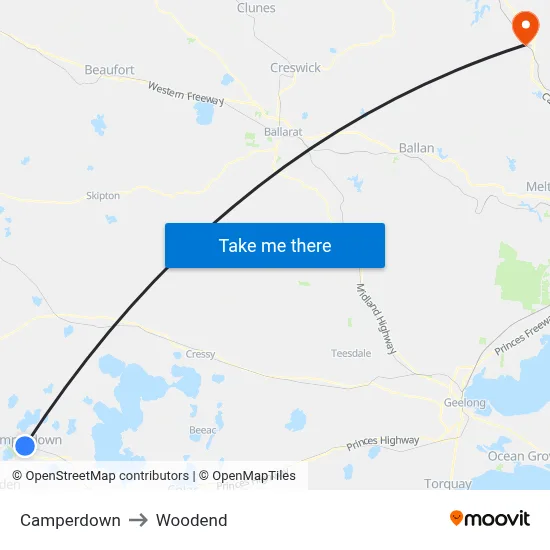 Camperdown to Woodend map