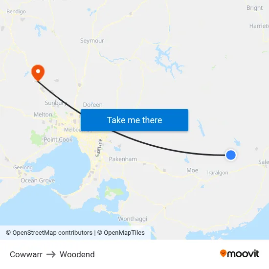 Cowwarr to Woodend map