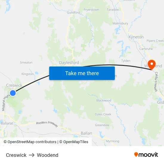 Creswick to Woodend map