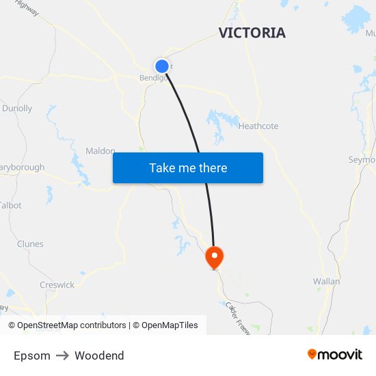 Epsom to Woodend map