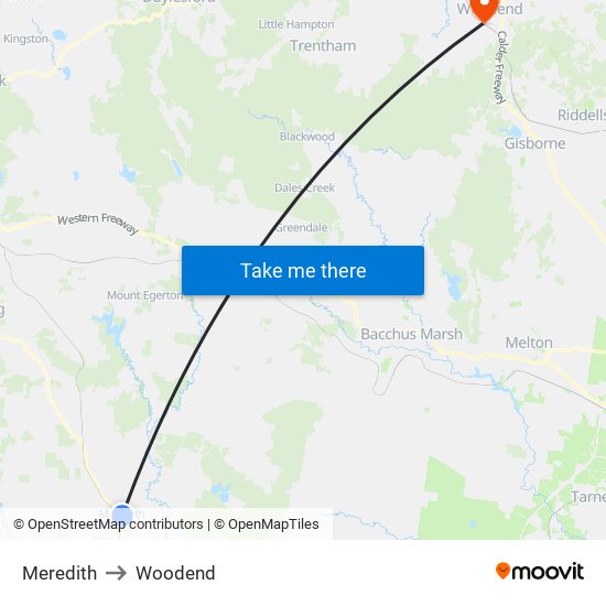 Meredith to Woodend map