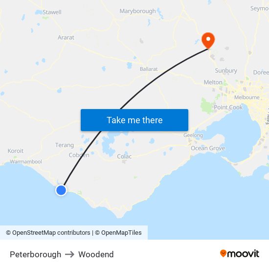 Peterborough to Woodend map