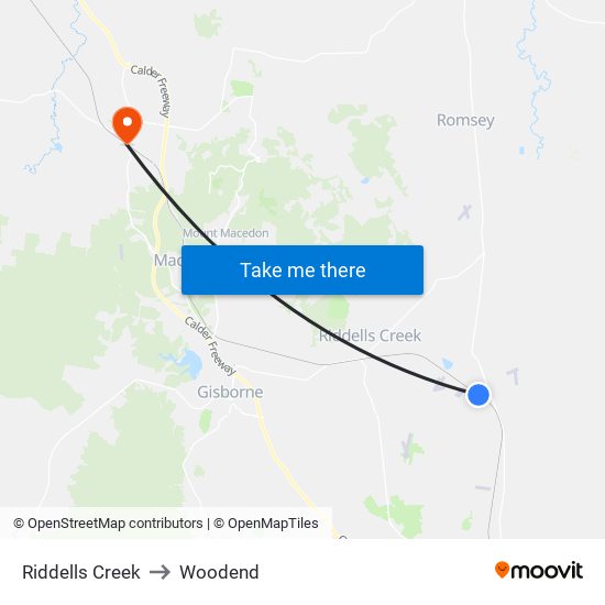 Riddells Creek to Woodend map