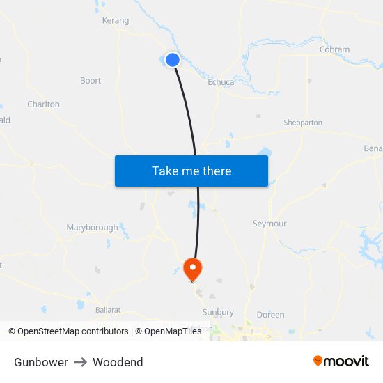 Gunbower to Woodend map