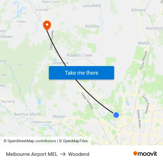 Melbourne Airport MEL to Woodend map