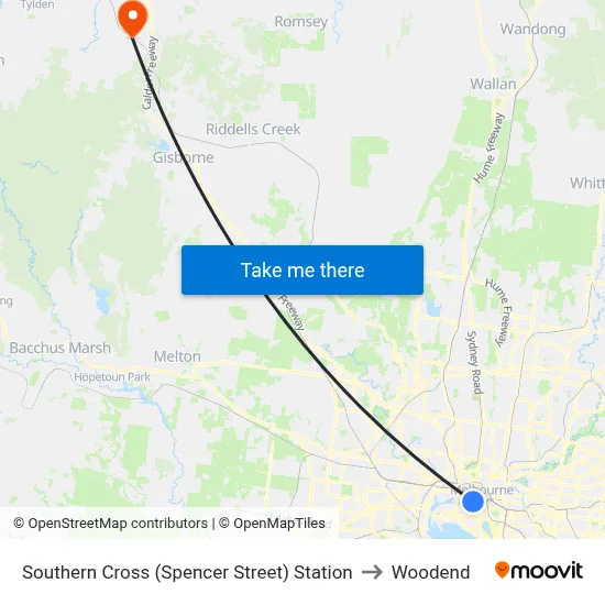 Southern Cross (Spencer Street) Station to Woodend map
