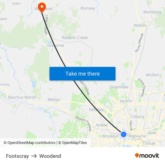 Footscray to Woodend map