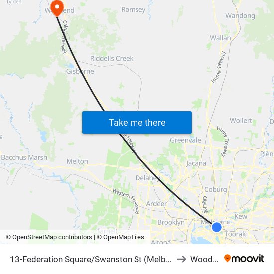 13-Federation Square/Swanston St (Melbourne City) to Woodend map