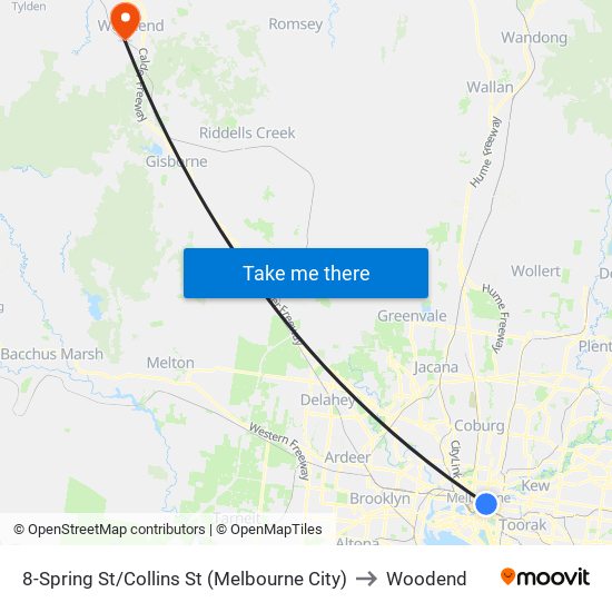 8-Spring St/Collins St (Melbourne City) to Woodend map