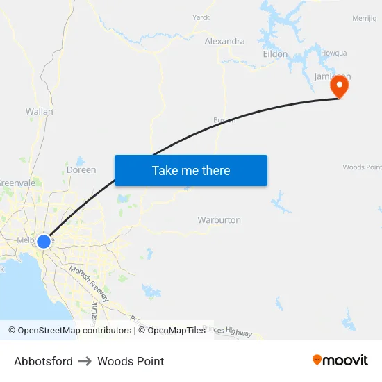 Abbotsford to Woods Point map